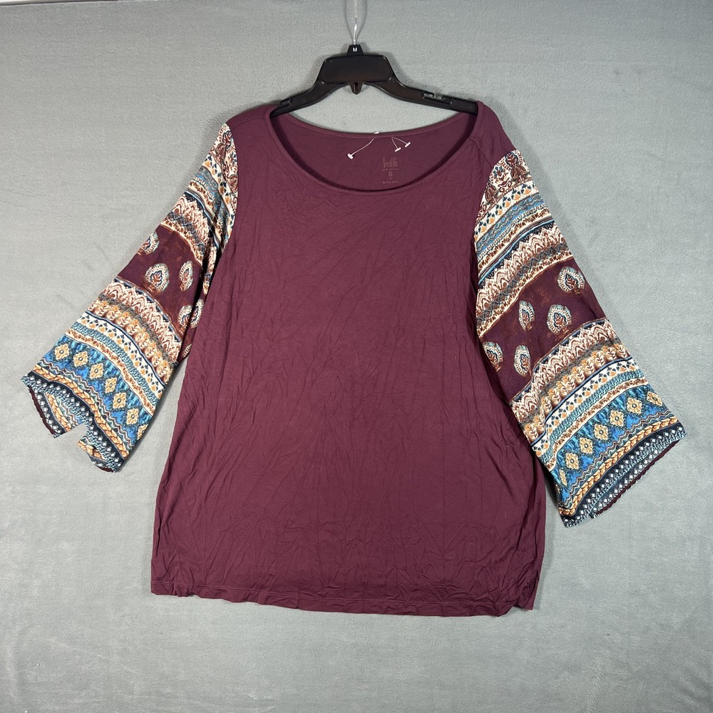 belle Women's L Burgundy Maroon 3/4 Bell Sleeve Blouse Top Boho Paisley Relaxed